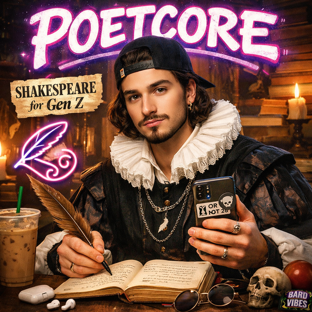 Young man in Shakespearean costume with smartphone, quill pen, and iced coffee